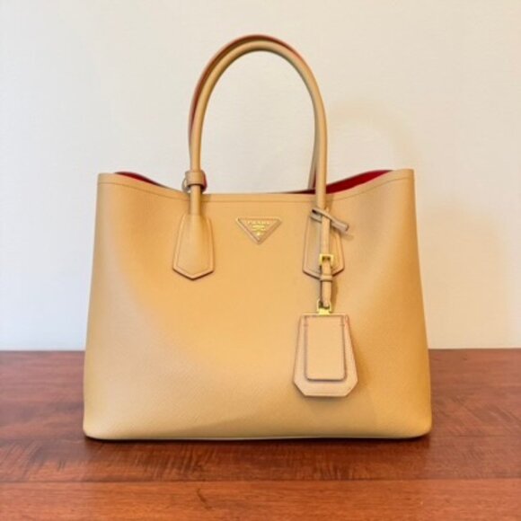 Prada Saffiano Leather Large Double Tote Carmel Red Interior Designer Bag w/ Box - Picture 3 of 11